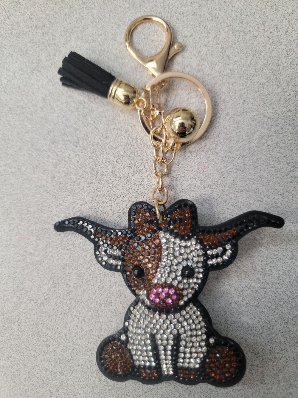 Kids Crystal Cow Keychain Bag Charm - Black & Brown